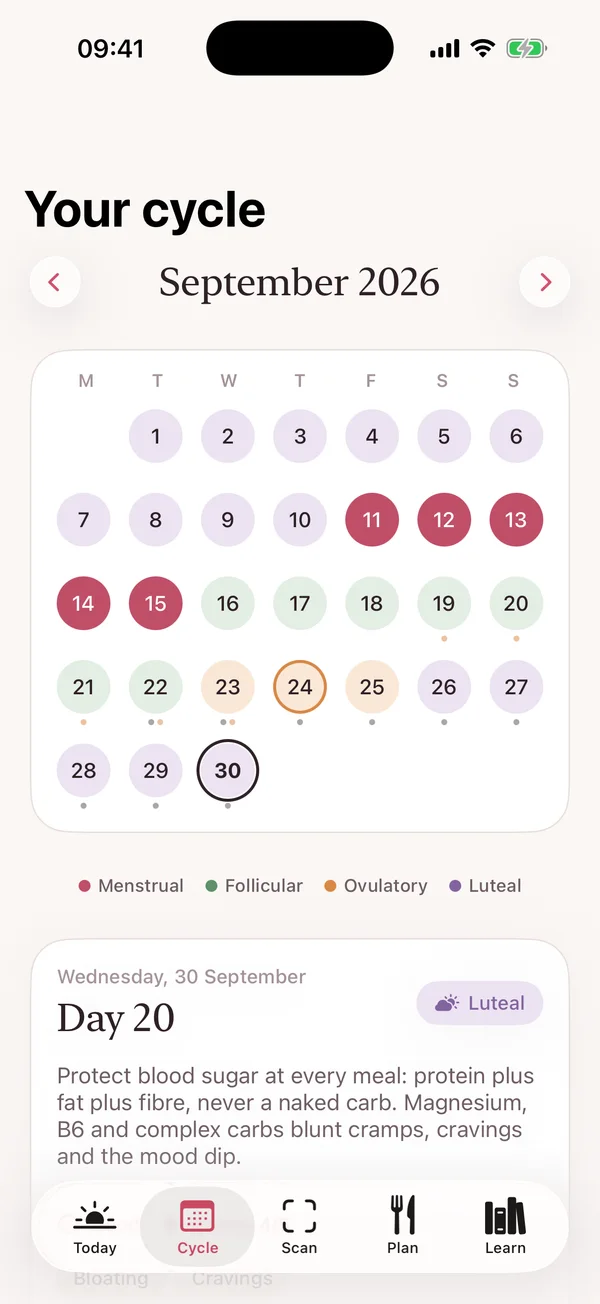The cycle calendar, with every phase in its own colour